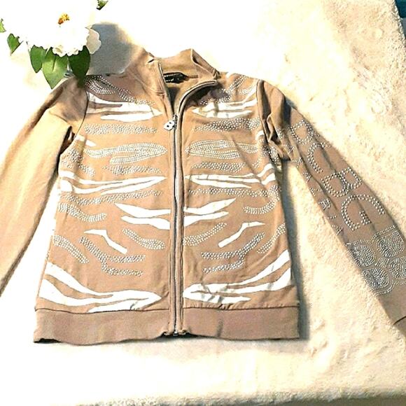 BCBGMaxAzria RHINESTONES Hoodie Jacket Sz Small TAN Bling Glam Paris Hilton Y2k - Picture 1 of 6